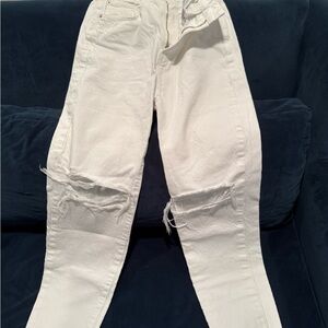 Zara White Straight Leg Jeans with Distressed Knees